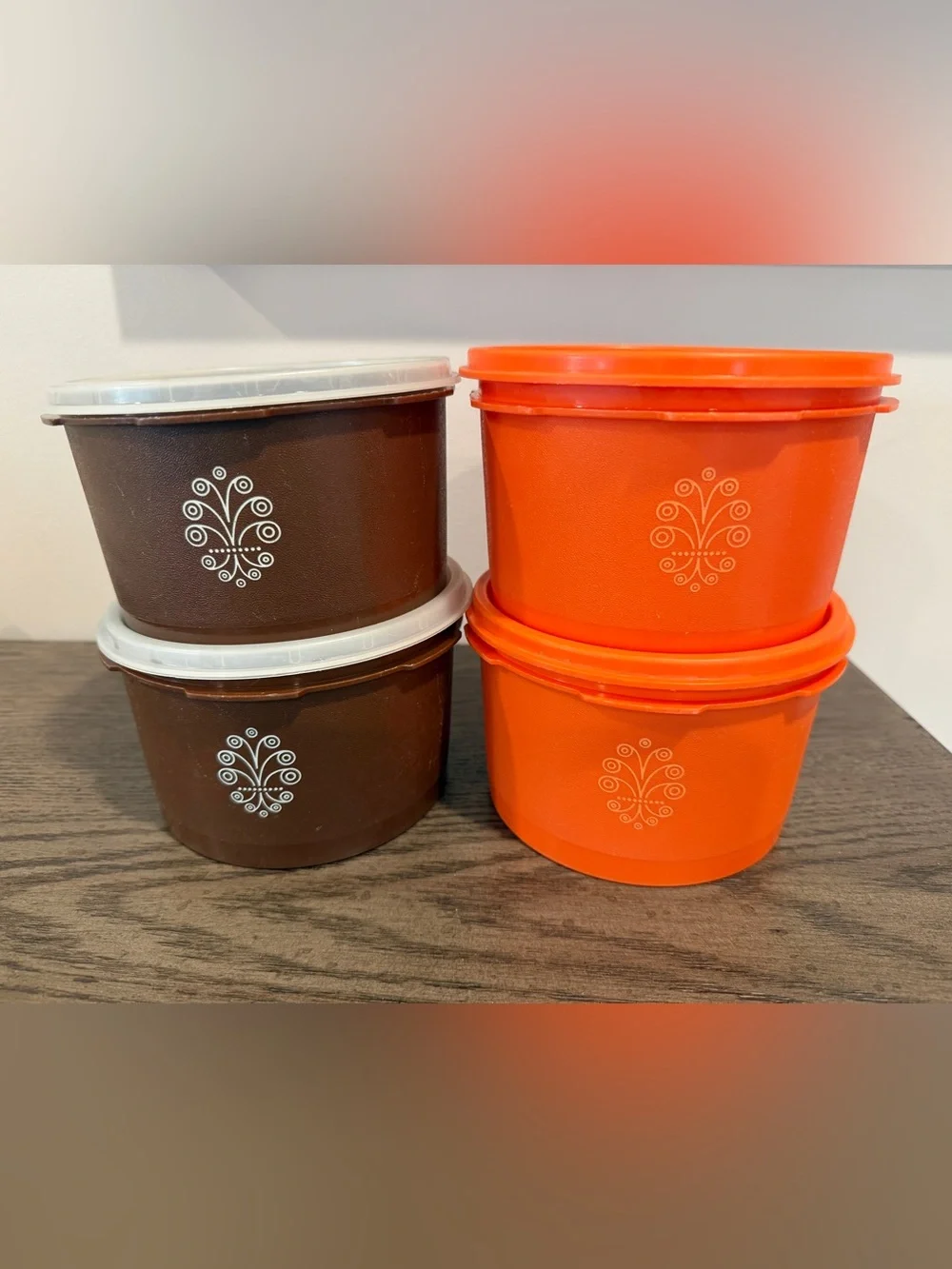 4 Tupperware Retro Vintage Orange and Brown Canisters With Lids Servalier 5